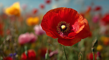 Fototapeta premium Close-up of a bright red poppy in full bloom, framed by soft-focused colorful poppy field, crystal-clear clarity