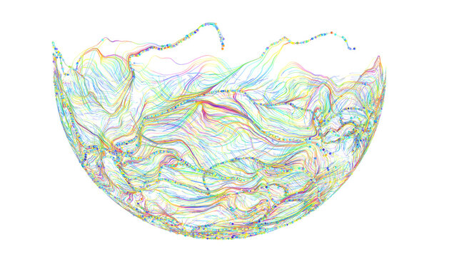 Artistic abstract illustration featuring a colorful pattern of lines and shapes in a half-circle fo