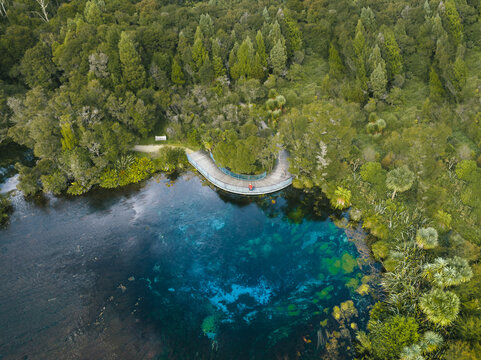 Aerial view of the crystal-clear, turquoise waters of Pupu Springs contrast with the dense, emerald-green forest, Takaka, Tasman Region, New Zealand.