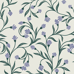 Fototapeta premium Seamless pattern with spring purple flowers on a light green background
