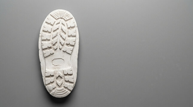 White plaster cast of shoe footprint impression on gray surface overhead forensic evidence analysis.