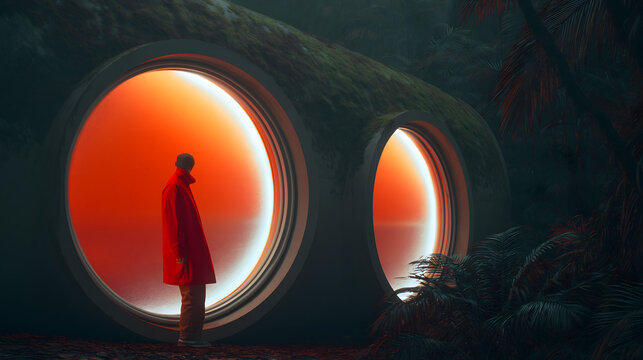 Mysterious Luminescence: A solitary figure, clad in a striking red coat, is framed by circular openings that emit an otherworldly orange glow in an surreal environment.