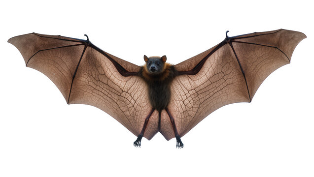 Dark brown fruit bat spreading large leathery wings, displaying sharp claws and a curious expression