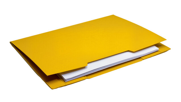 Bright yellow manila folder, holding stacked blank paper sheets inside