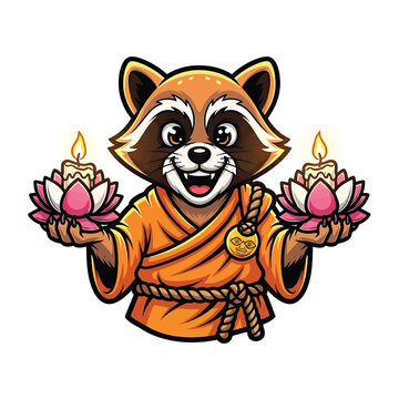 Red panda monk holding lotus candles for balance and harmony
