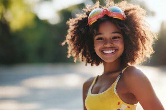Teen girl enjoying travel outdoors, carrying her backpack and action camera