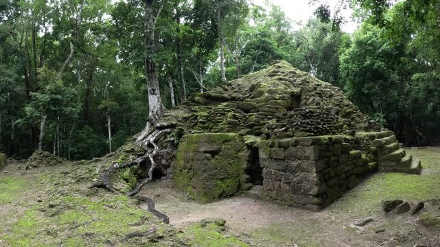 Scenic jungle excavation site in El Mirador with ancient Mayan ruins revealed, cinematic archaeology travel video Guatemala
