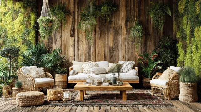 Comfortable outdoor seating arrangement features natural textures and abundant greenery against a wooden wall