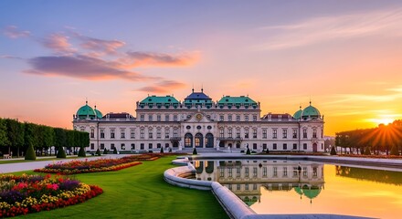 Naklejka premium Majestic Palace Reflection - A Stunning Architectural Marvel at Sunset.