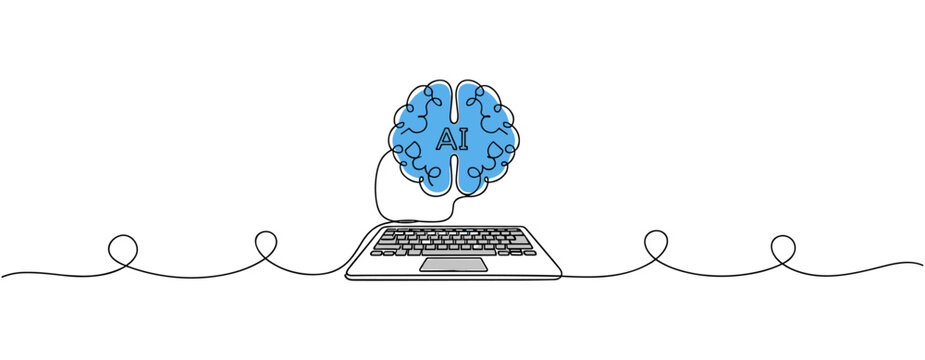 Laptop with illustrated ai brain connected on continuous line background