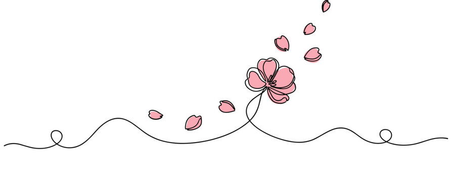 Flower losing petals drifting along continuous line white background