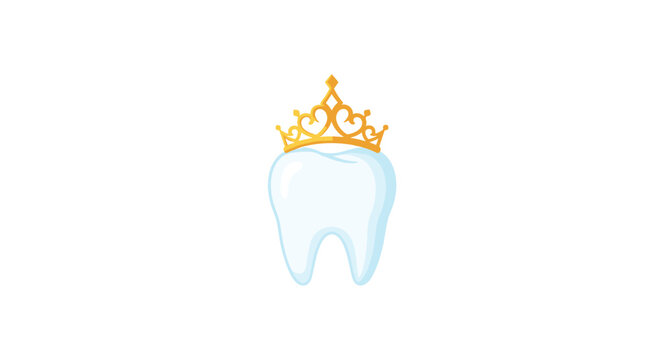 A cartoon molar tooth with a golden filigree crown is centrally positioned on a pristine white background.