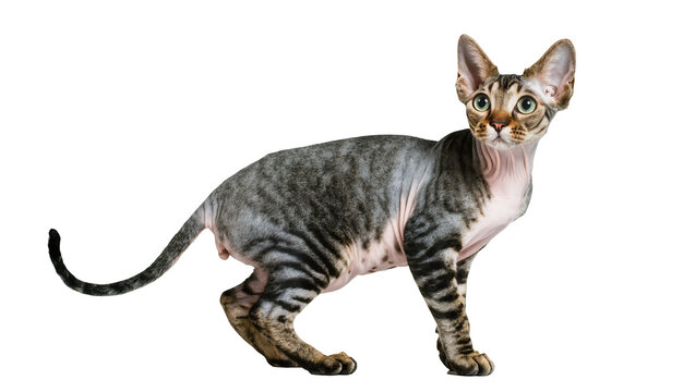 Hairless Sphynx cat standing, displaying mottled gray skin and alert amber eyes