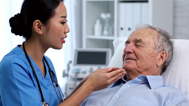 Asian nurse checking the breathing and physical condition of an elderly male patient in a hospital bed with care