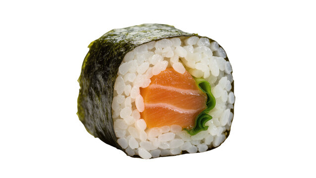 Salmon maki sushi roll featuring vinegared rice nori seaweed, and vibrant orange fish
