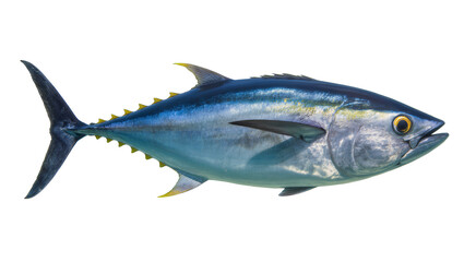Fototapeta premium Vibrant blue tuna swimming, displaying silver underbelly and yellow fin details