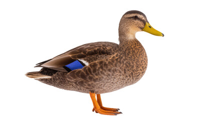 Fototapeta premium Plump mottled mallard duck standing, displaying yellow beak and orange feet