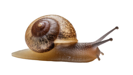 Large brown garden snail slowly crawling, displaying spiral shell and extended antennae © Maros