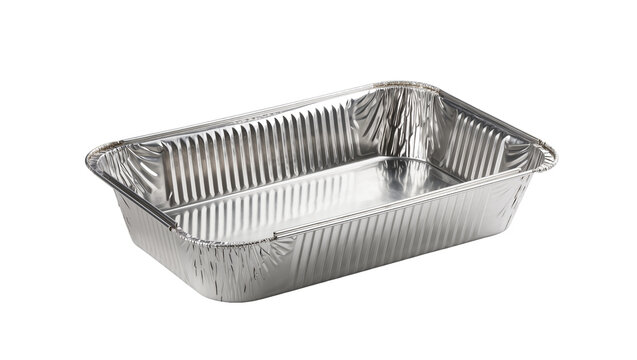 Shiny aluminum rectangular food container, ribbed sides showing takeout packaging