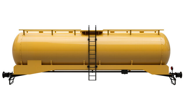 Yellow cylindrical tank car featuring metal ladder wheels, and red reflectors
