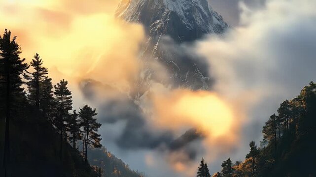 Misty mountain landscape with evergreens & golden light filtering through clouds