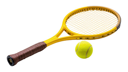 Yellow tennis racket with grip, next to fuzzy yellow tennis ball © Rowan