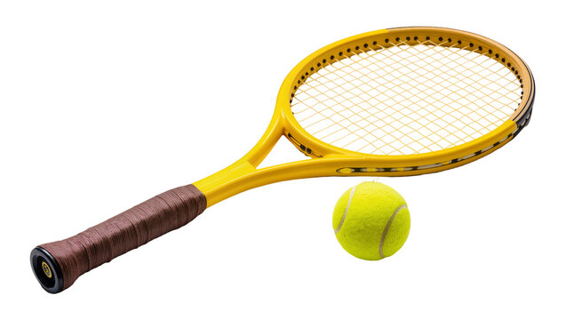 Yellow tennis racket with grip, next to fuzzy yellow tennis ball