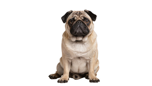 Beige fawn pug puppy sitting attentively, gazing forward with wrinkled face