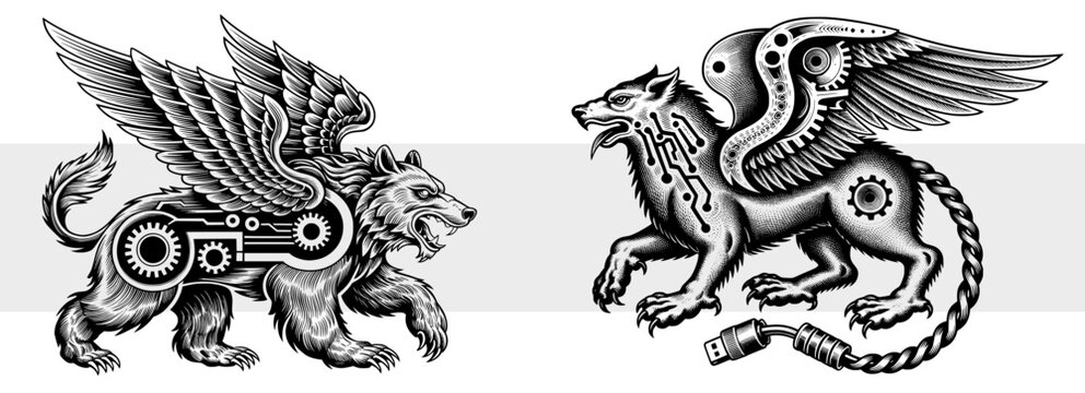 Steampunk winged bear and wolf, mechanical mythical creatures, cybernetic animals with gears and usb tail, vintage engraving style vector illustration set