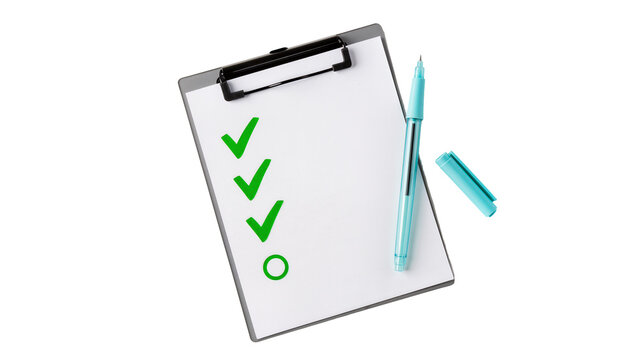 Silver clipboard holding paper checklist, marked with green ticks and circle