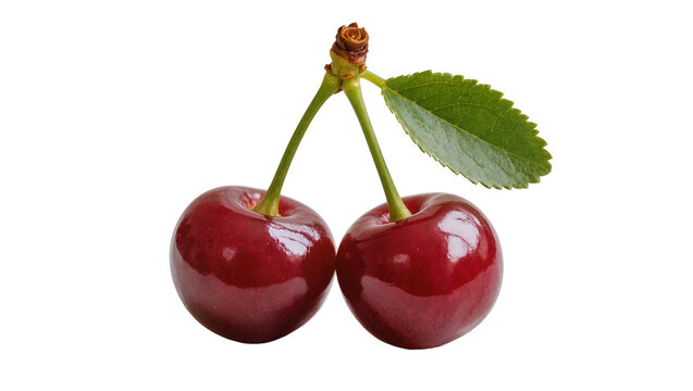 Glossy dark red cherries hanging from a stem, accompanied by vibrant green leaves