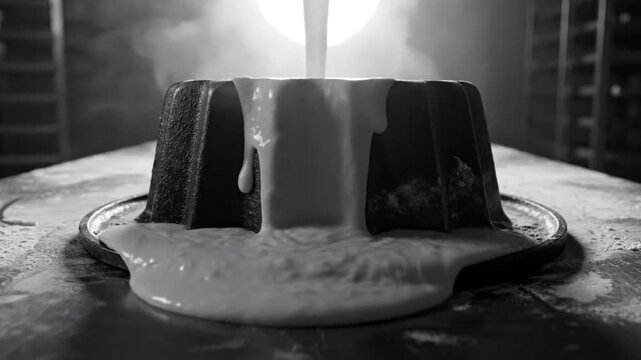 Black and white close up of a pudding cake being overflowed with liquid in a bakery, artistic food preparation