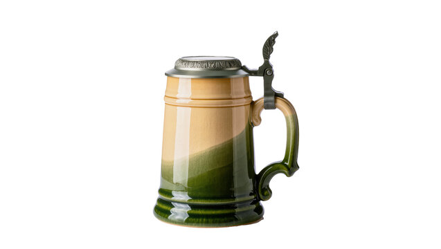 Vintage ceramic beer stein, featuring a landscape scene with green fields and a peach-colored glaze