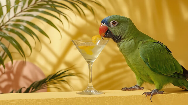 Vibrant Cinematic Macaw Parrot with Cocktail Colorful Tropical Illustration