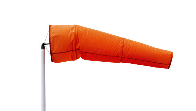 Bright orange windsock billowing gently, attached to a silver metal pole