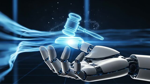 Future legal systems: Robotic hand holds a glowing digital gavel, illustrating artificial intelligence in law and justice.