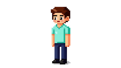 Pixelated male character wearing glasses light green polo shirt, dark blue pants © Ines