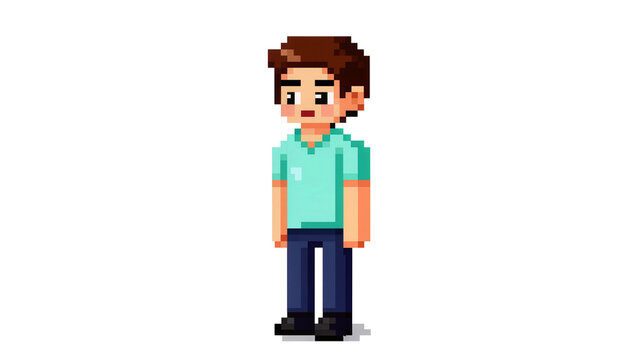 Pixelated male character wearing glasses light green polo shirt, dark blue pants
