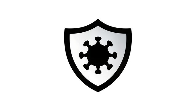Black shield icon protecting a detailed coronavirus microbe, symbolizing safety and prevention