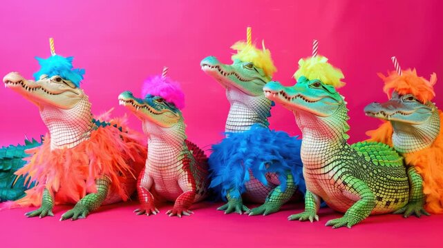 Colorful figurines of alligators wearing colorful feathers. These decorative items make a fun and whimsical display for homes, offices or collectors.