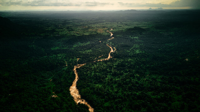 Aerial view of a sinuous river meanders through dense, verdant forest, creating a tapestry of light and shadow, Nasarawa, Nasarawa, Nigeria.