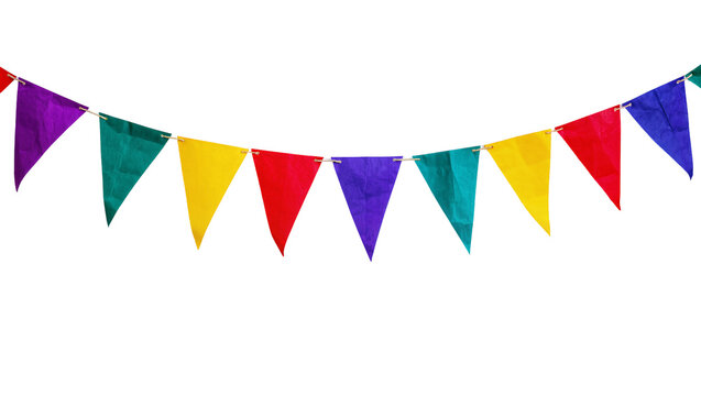 Colorful crumpled paper triangle pennant garland, festive decoration string