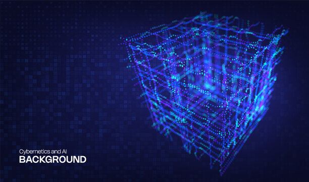 Abstract ai 3D cube digital design background technology and blue geometric element. Design network big data with box science and pattern block cyber. Tech concept abstract with futuristic lines.
