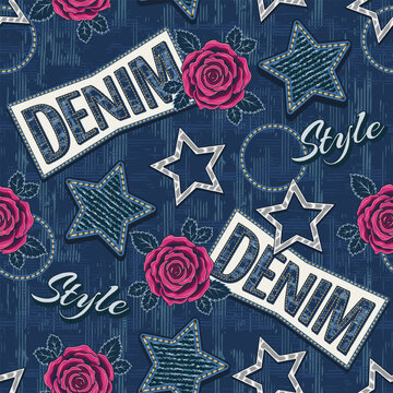 Seamless denim themed pattern with text elements, randomly scattered denim fabric patches, silver stars, pink rose flowers. Illustration in vintage style. Print for clothing, textile fashion design