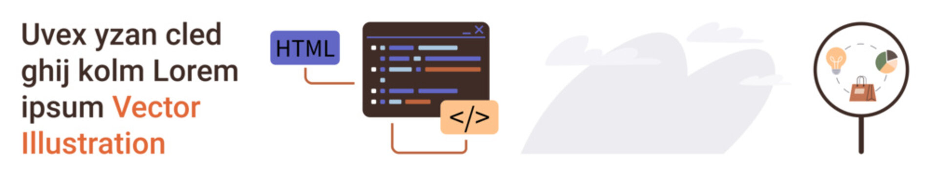 Web development, coding education, e-commerce, online shopping, digital design, business technology. HTML code interface and shopping bag icon. Web development and e-commerce concept