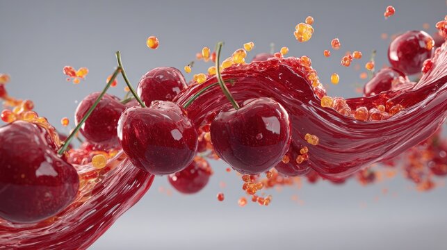 Ripe, deep red fruit swirls dynamically through a splash of matching liquid and small fruit particles.