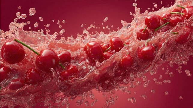 Ripe red fruit swirls dynamically through a splash of thick liquid against a deep crimson backdrop