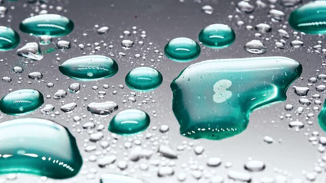 Water droplets gather on a shiny surface. Some droplets are round while others are elongated. Light reflects off the droplets creating a bright appearance. 