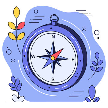Colorful compass illustration with blue background and botanical elements