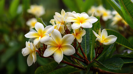 Fototapeta premium Fragrant Plumeria Bloom: A close-up view unveils the delicate beauty of a plumeria blossom, its pristine white petals graced with a sun-kissed yellow center, showcasing nature's exquisite artistry.